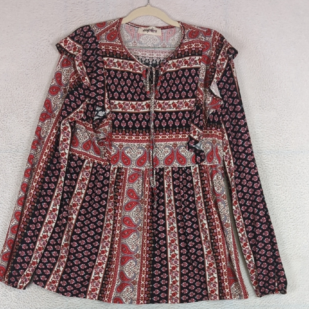 Haptics Women's Red & Black Paisley Ruffle Long Sleeve Shirt Size L‎
